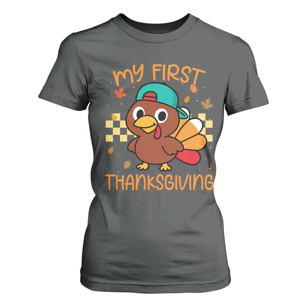 My First Thanksgiving T Shirt For Women Funny Newborn Thanksgiving Turkey Boys TS10 Dark Heather Print Your Wear