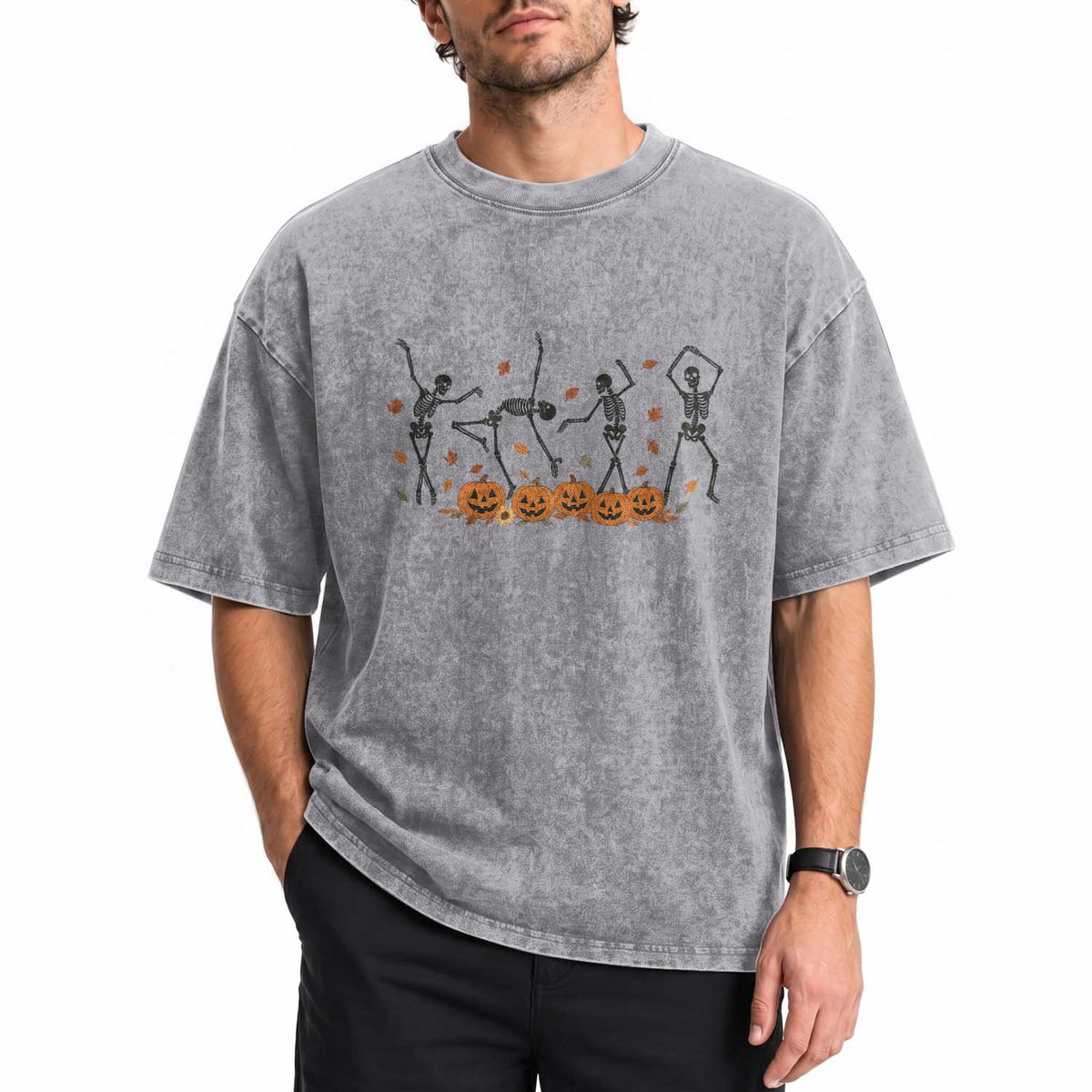 Dancing Skeleton Washed Cotton T-Shirt Retro Halloween Party Pumpkin Fall Season