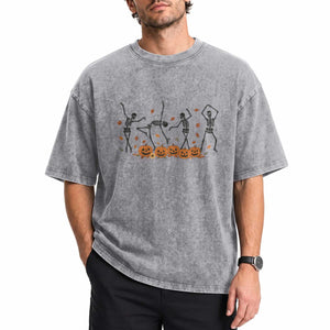 Dancing Skeleton Washed Cotton T-Shirt Retro Halloween Party Pumpkin Fall Season