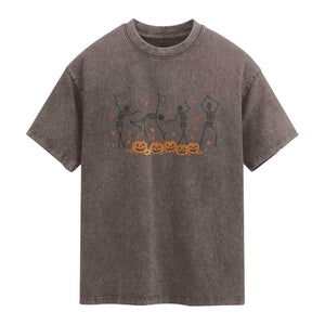 Dancing Skeleton Washed Cotton T-Shirt Retro Halloween Party Pumpkin Fall Season
