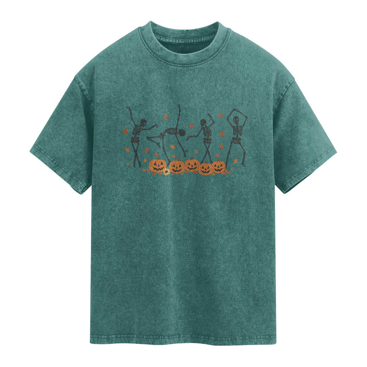 Dancing Skeleton Washed Cotton T-Shirt Retro Halloween Party Pumpkin Fall Season