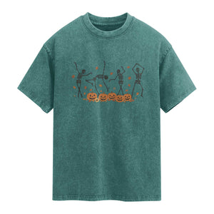 Dancing Skeleton Washed Cotton T-Shirt Retro Halloween Party Pumpkin Fall Season