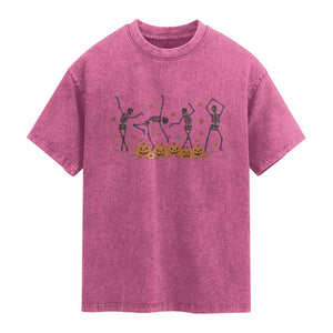 Dancing Skeleton Washed Cotton T-Shirt Retro Halloween Party Pumpkin Fall Season