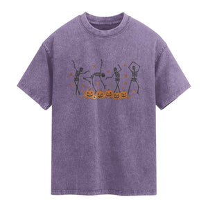 Dancing Skeleton Washed Cotton T-Shirt Retro Halloween Party Pumpkin Fall Season