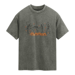 Dancing Skeleton Washed Cotton T-Shirt Retro Halloween Party Pumpkin Fall Season