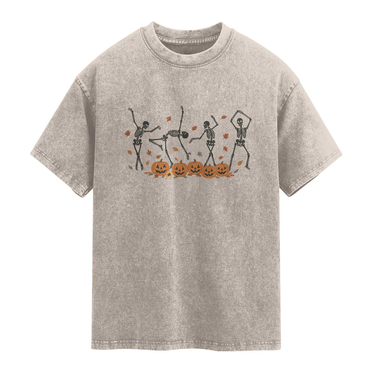 Dancing Skeleton Washed Cotton T-Shirt Retro Halloween Party Pumpkin Fall Season