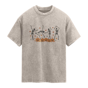 Dancing Skeleton Washed Cotton T-Shirt Retro Halloween Party Pumpkin Fall Season