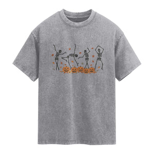 Dancing Skeleton Washed Cotton T-Shirt Retro Halloween Party Pumpkin Fall Season