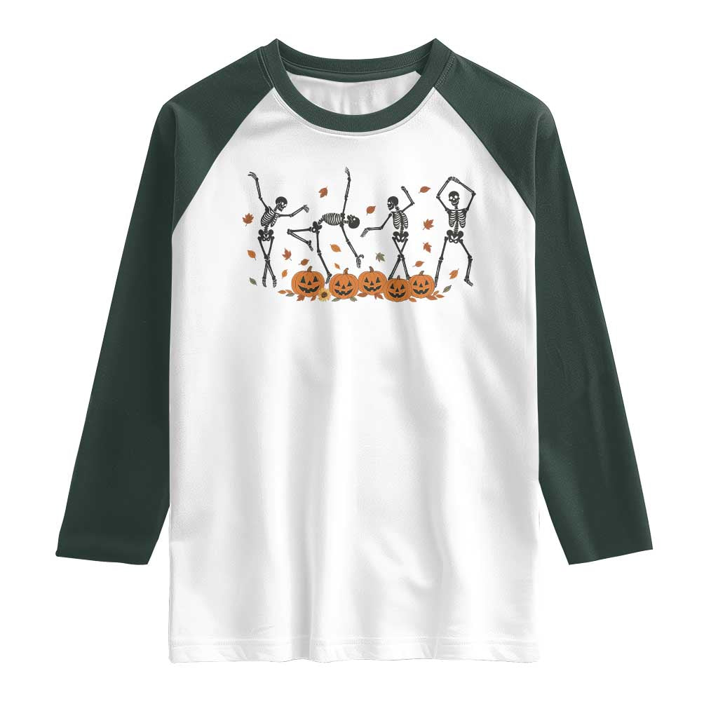 Dancing Skeleton Raglan Shirt Retro Halloween Party Pumpkin Fall Season TS10 White Dark Forest Green Print Your Wear