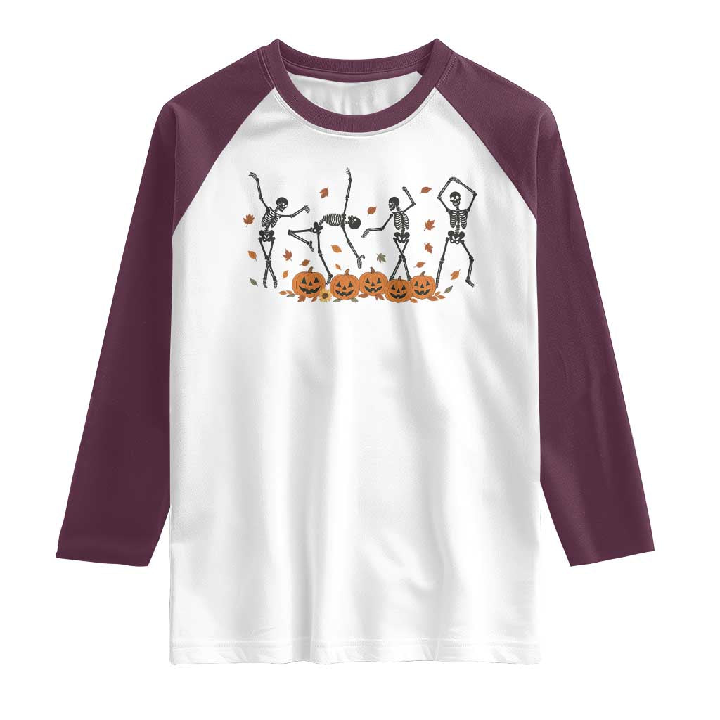 Dancing Skeleton Raglan Shirt Retro Halloween Party Pumpkin Fall Season TS10 White Maroon Print Your Wear