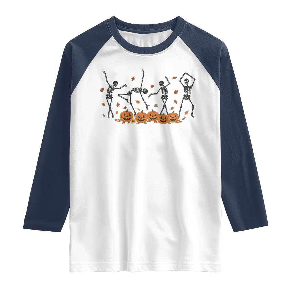 Dancing Skeleton Raglan Shirt Retro Halloween Party Pumpkin Fall Season TS10 White Navy Print Your Wear