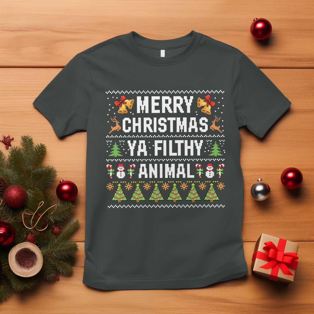 Merry Christmas Ya Filthy Animal T Shirt Ugly Xmas Movie Alone Pajama TS10 Dark Heather Print Your Wear