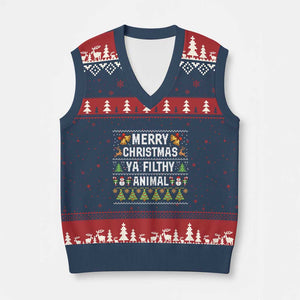 Merry Xmas Ya Filthy Animal V-Neck Knit Sweater Vest Ugly Xmas Movie Alone Pajama TS10 Navy Red Print Your Wear