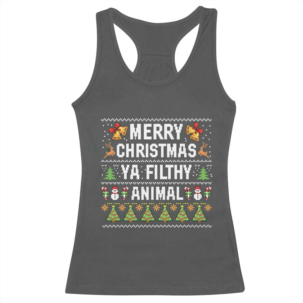 Merry Christmas Ya Filthy Animal Racerback Tank Top Ugly Xmas Movie Alone Pajama TS10 Dark Heather Print Your Wear
