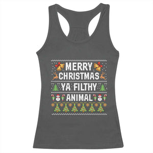 Merry Christmas Ya Filthy Animal Racerback Tank Top Ugly Xmas Movie Alone Pajama TS10 Dark Heather Print Your Wear