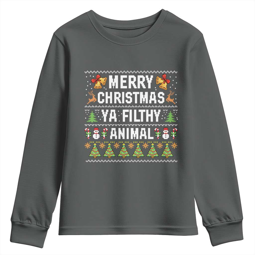 Merry Christmas Ya Filthy Animal Youth Sweatshirt Ugly Xmas Movie Alone Pajama TS10 Dark Heather Print Your Wear