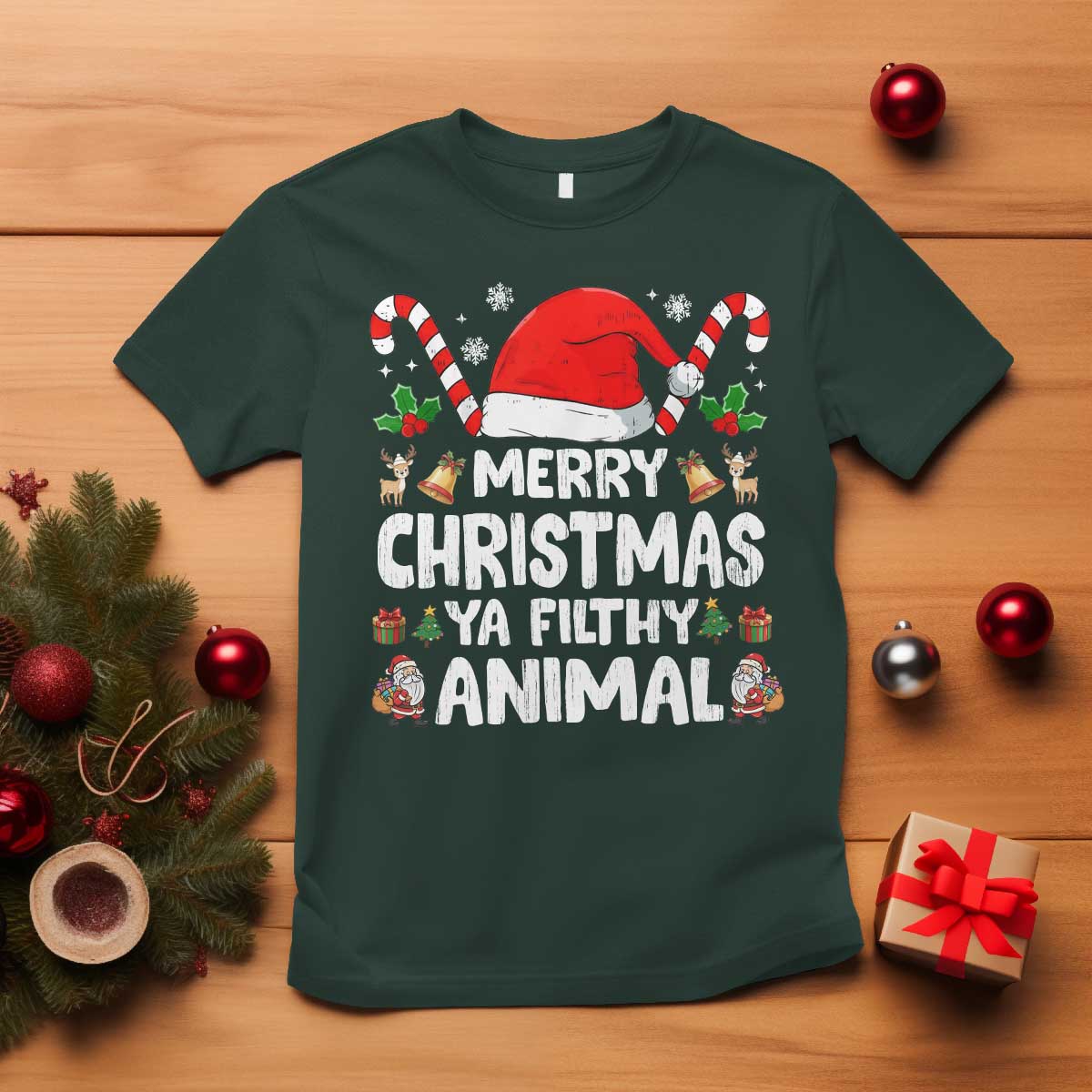 Merry Christmas Ya Filthy Animal T Shirt Funny Home Xmas Alone Movie Pajama TS10 Dark Forest Green Print Your Wear