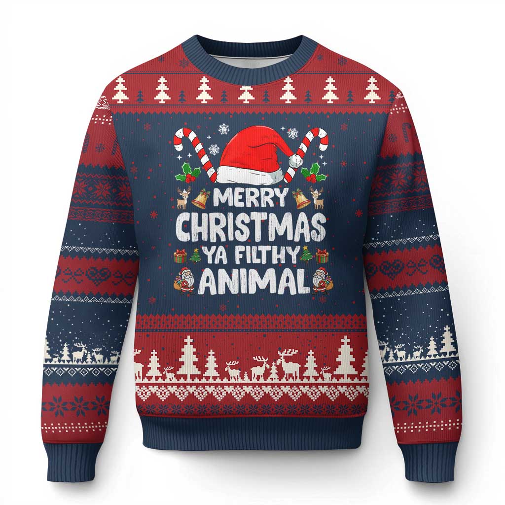 Merry Xmas Ya Filthy Animal Ugly Christmas Sweater Funny Home Xmas Alone Movie Pajama TS10 Navy Red Print Your Wear