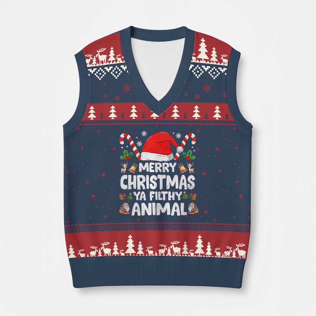 Merry Xmas Ya Filthy Animal V-Neck Knit Sweater Vest Funny Home Xmas Alone Movie Pajama TS10 Navy Red Print Your Wear