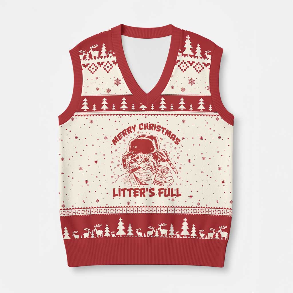 Litters Full V-Neck Knit Sweater Vest Funny Cat Xmas Vacation TS10 Beige Red Print Your Wear