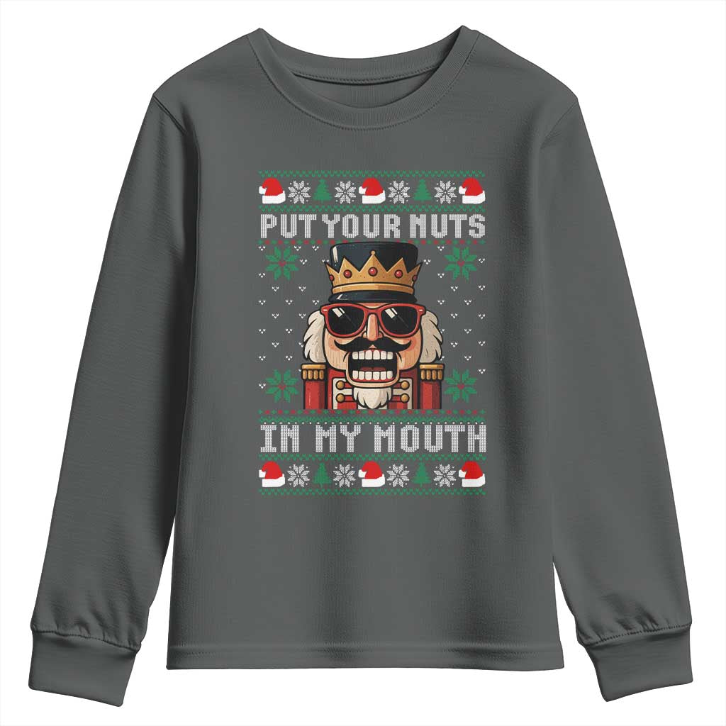Inappropriate Christmas Youth Sweatshirt Funny Put Your Nuts in My Mouth Dirty Holiday TS10 Dark Heather Print Your Wear