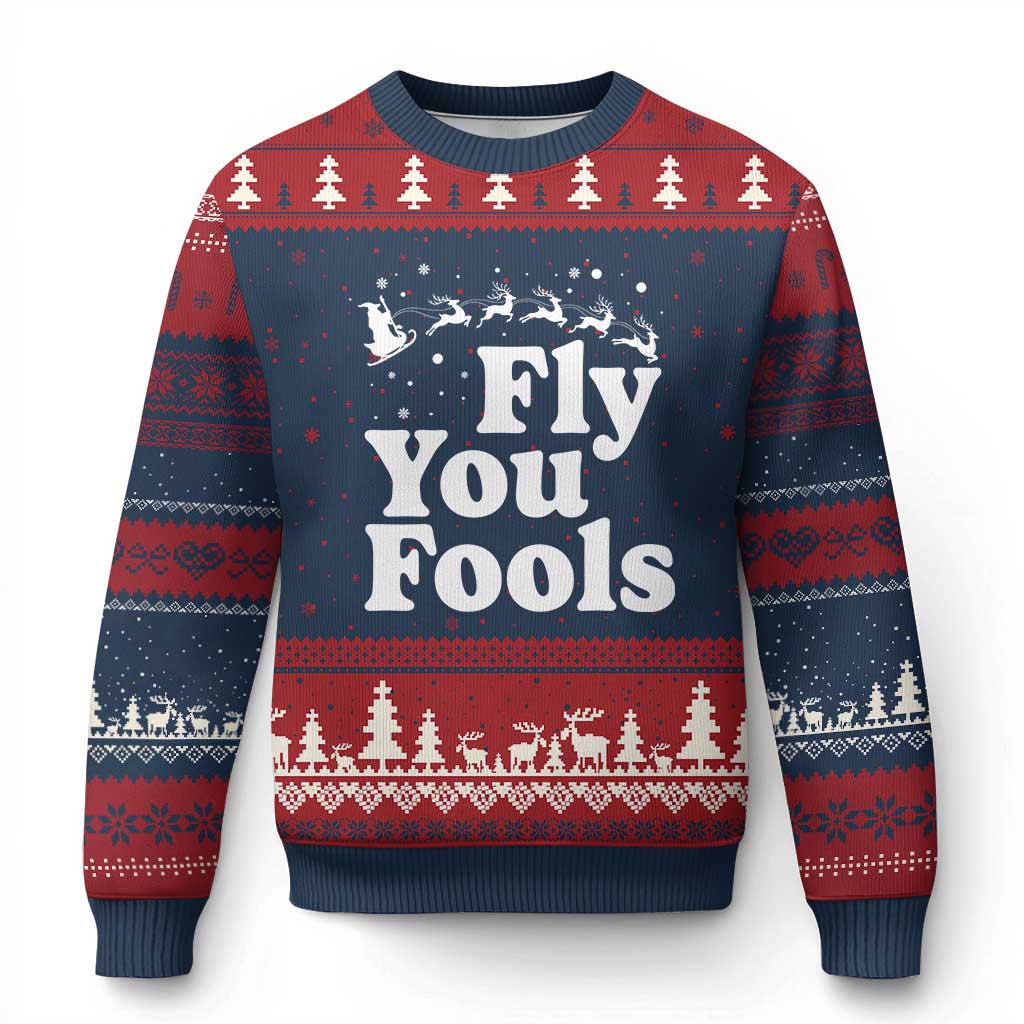 Funny Xmas Ugly Christmas Sweater Fly You Fools Fantasy Movie Santa Sleigh Reindeer TS10 Navy Red Print Your Wear
