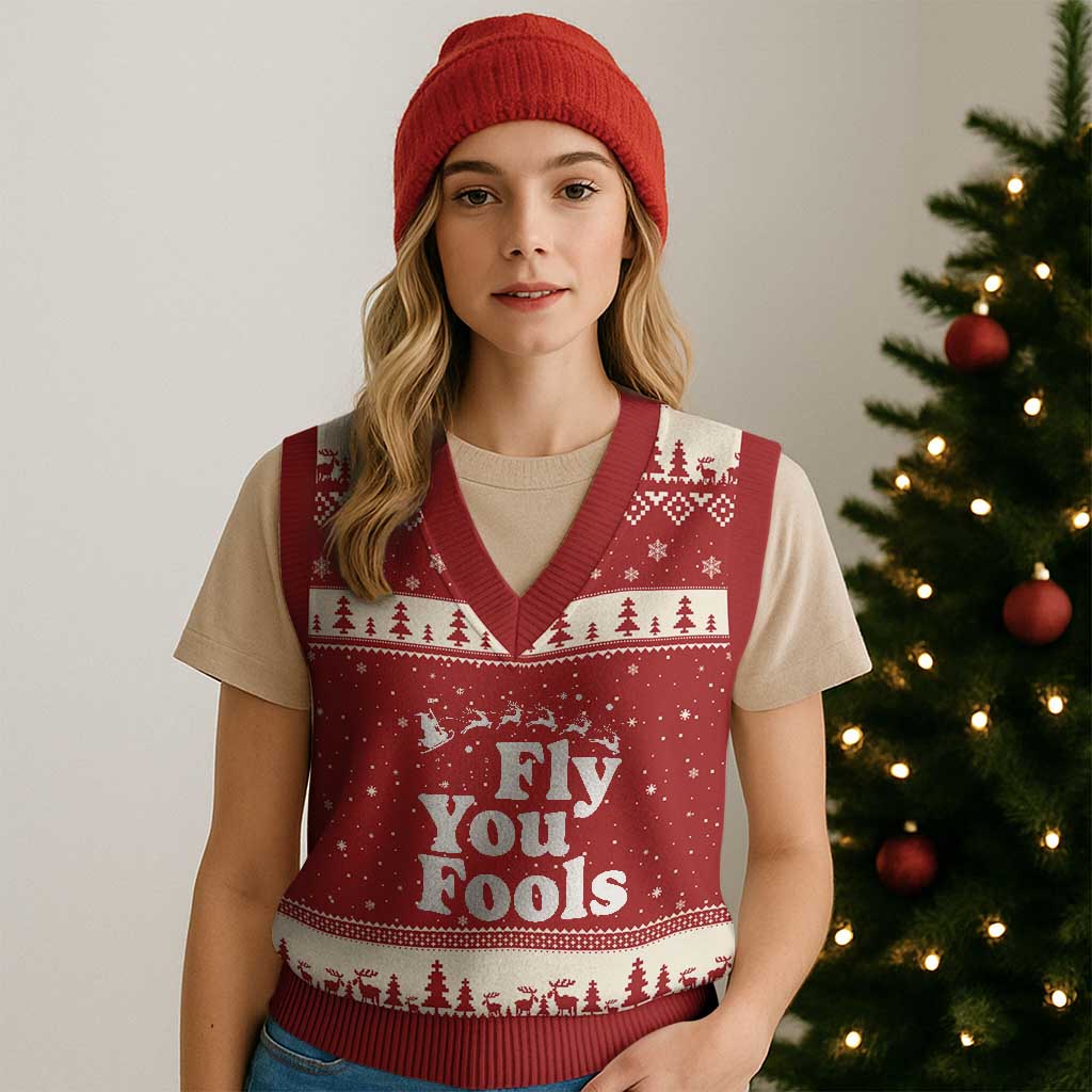Funny Xmas V-Neck Knit Sweater Vest Fly You Fools Fantasy Movie Santa Sleigh Reindeer TS10 Red Beige Print Your Wear