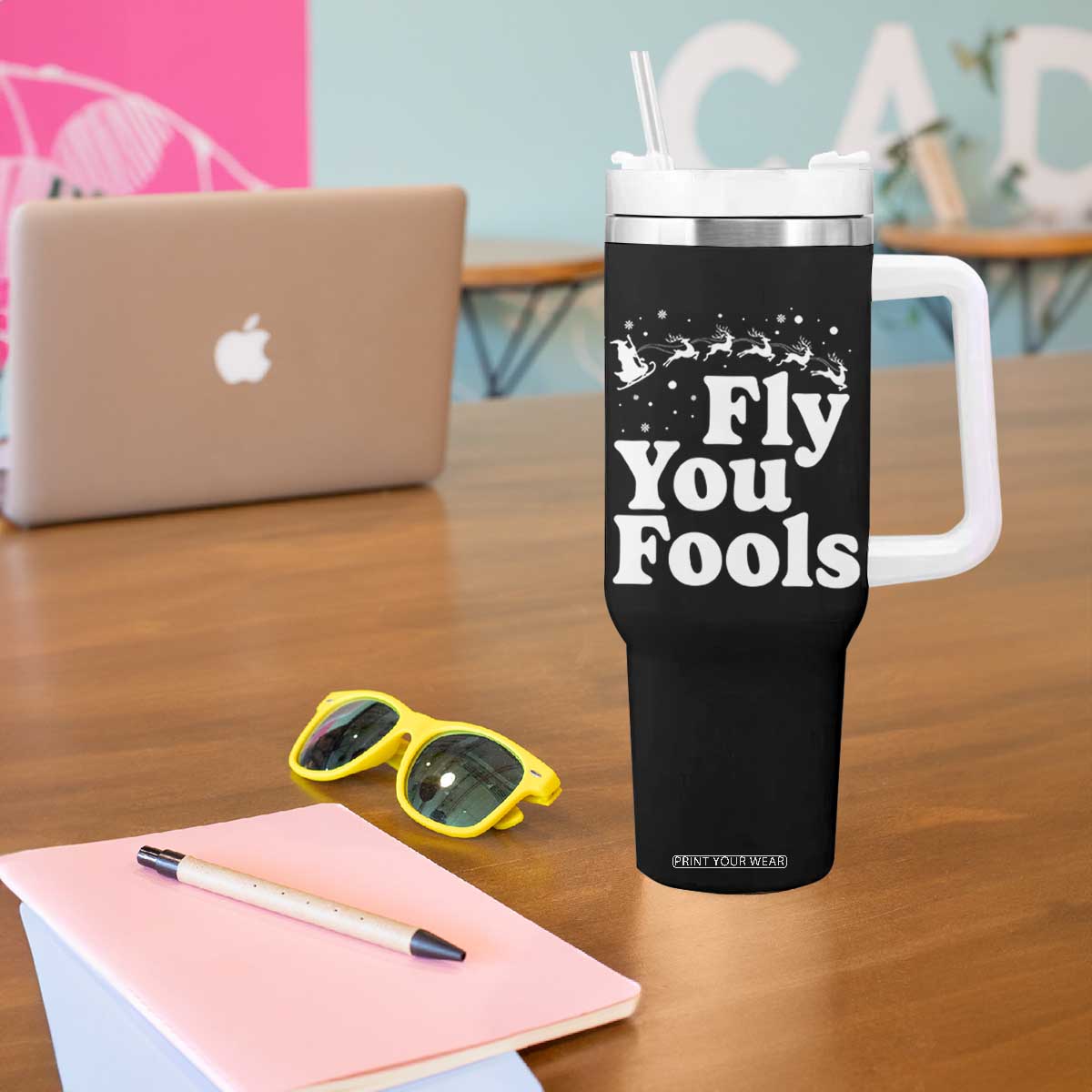 Funny Christmas Tumbler With Handle Fly You Fools Fantasy Movie Santa Sleigh Reindeer TS10 Print Your Wear