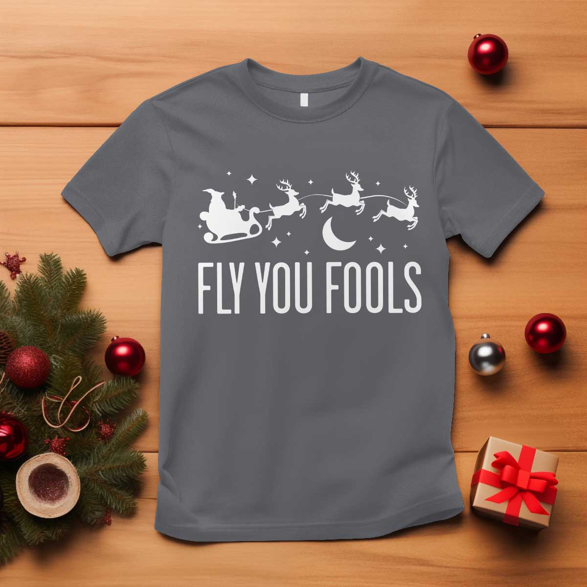 Funny Christmas Fly You Fools T Shirt Fantasy Movie Fellowship Santa Sleigh Reindeer TS10 Charcoal Print Your Wear