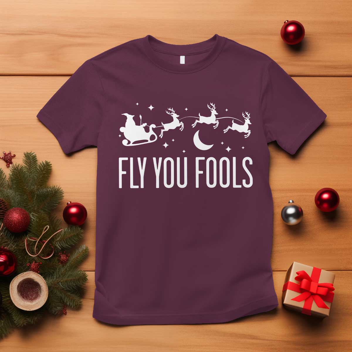 Funny Christmas Fly You Fools T Shirt Fantasy Movie Fellowship Santa Sleigh Reindeer TS10 Maroon Print Your Wear