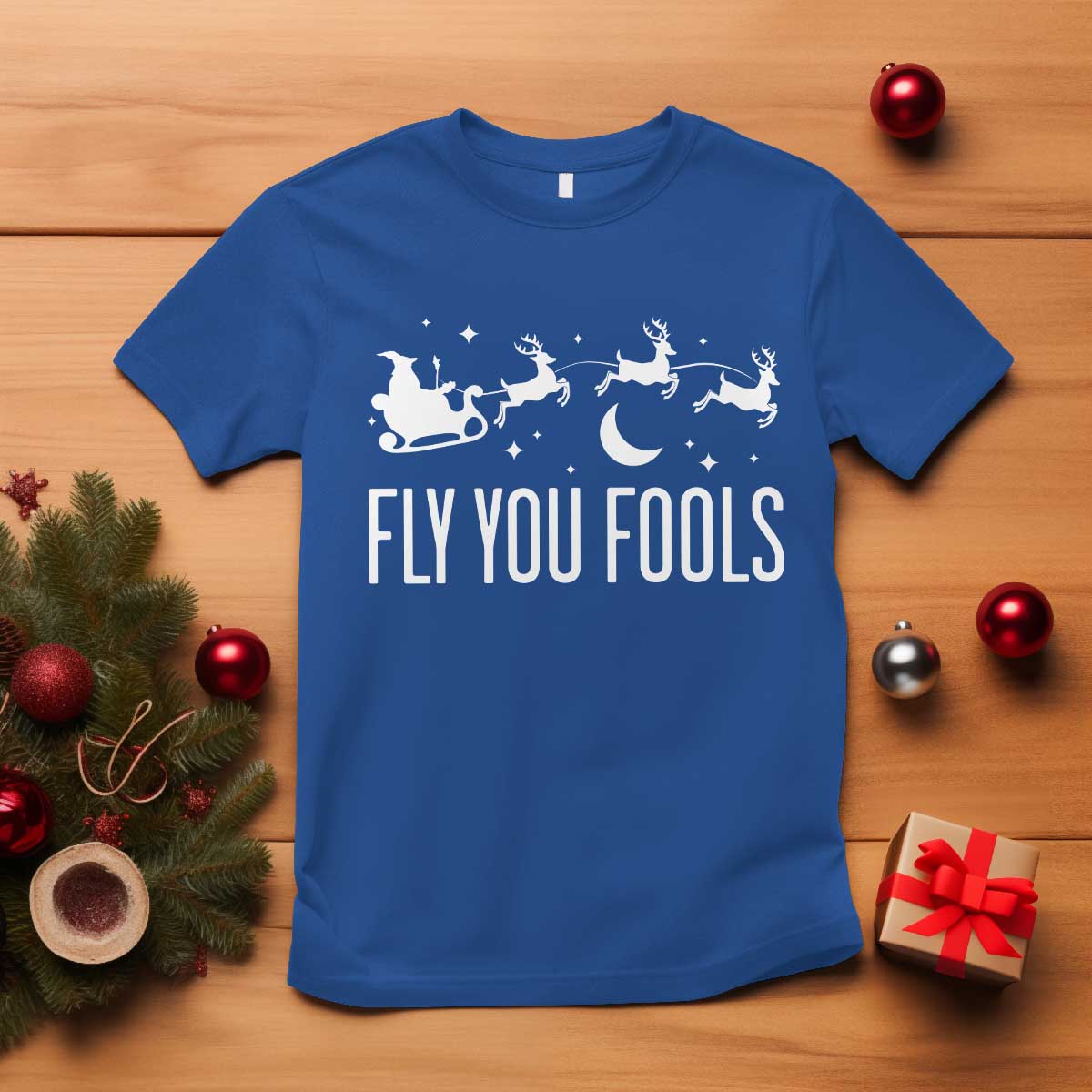 Funny Christmas Fly You Fools T Shirt Fantasy Movie Fellowship Santa Sleigh Reindeer TS10 Royal Blue Print Your Wear