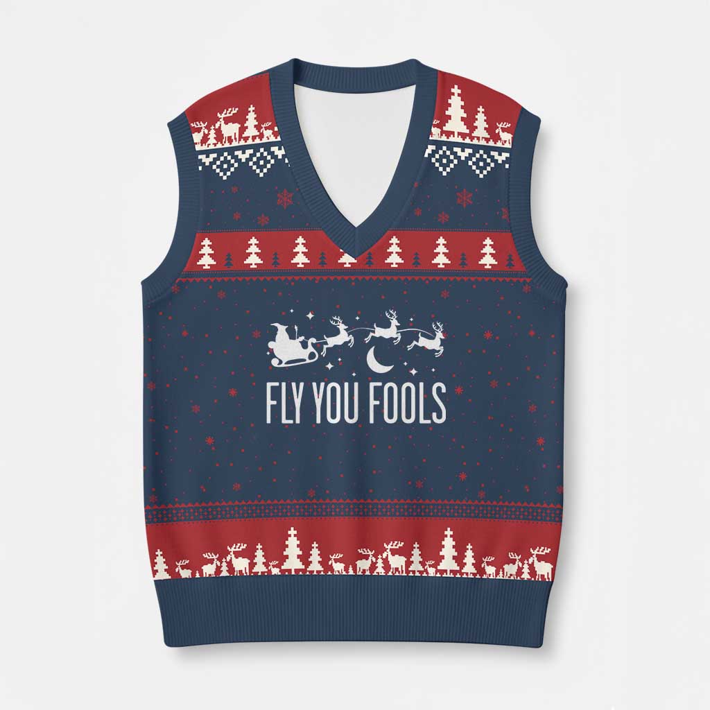 Funny Xmas Fly You Fools V-Neck Knit Sweater Vest Fantasy Movie Fellowship Santa Sleigh Reindeer TS10 Navy Red Print Your Wear
