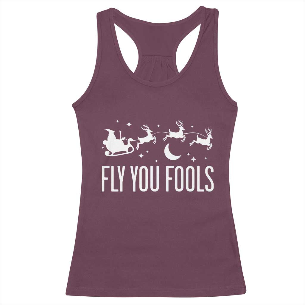 Funny Christmas Fly You Fools Racerback Tank Top Fantasy Movie Fellowship Santa Sleigh Reindeer - Print Your Wear