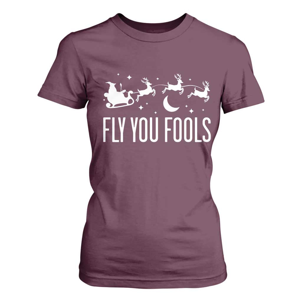 Funny Christmas Fly You Fools T Shirt For Women Fantasy Movie Fellowship Santa Sleigh Reindeer TS10 Maroon Print Your Wear