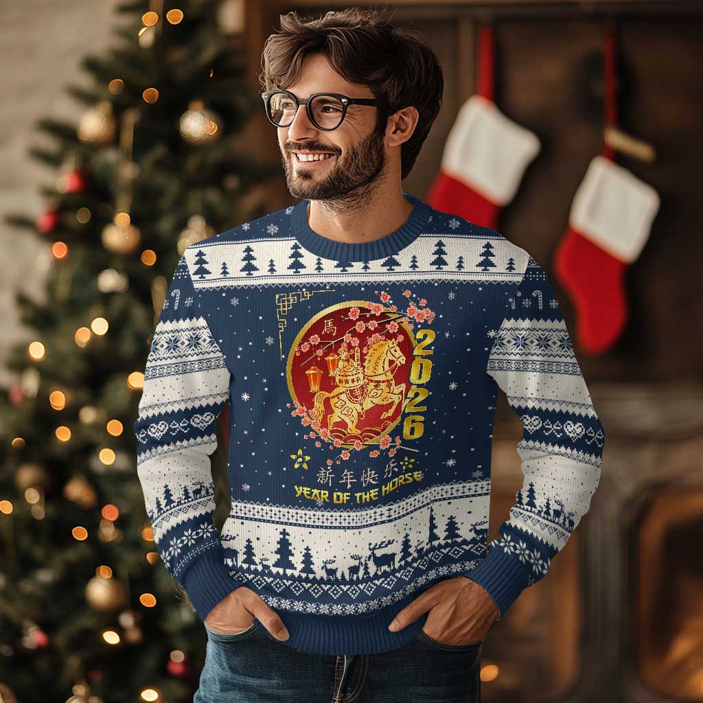 2026 Year of the Horse Lunar New Year Ugly Christmas Sweater TS10 Navy Beige Print Your Wear
