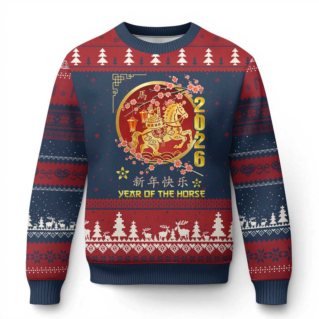 2026 Year of the Horse Lunar New Year Ugly Christmas Sweater TS10 Navy Red Print Your Wear