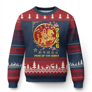 2026 Year of the Horse Lunar New Year Ugly Christmas Sweater TS10 Navy Red Print Your Wear