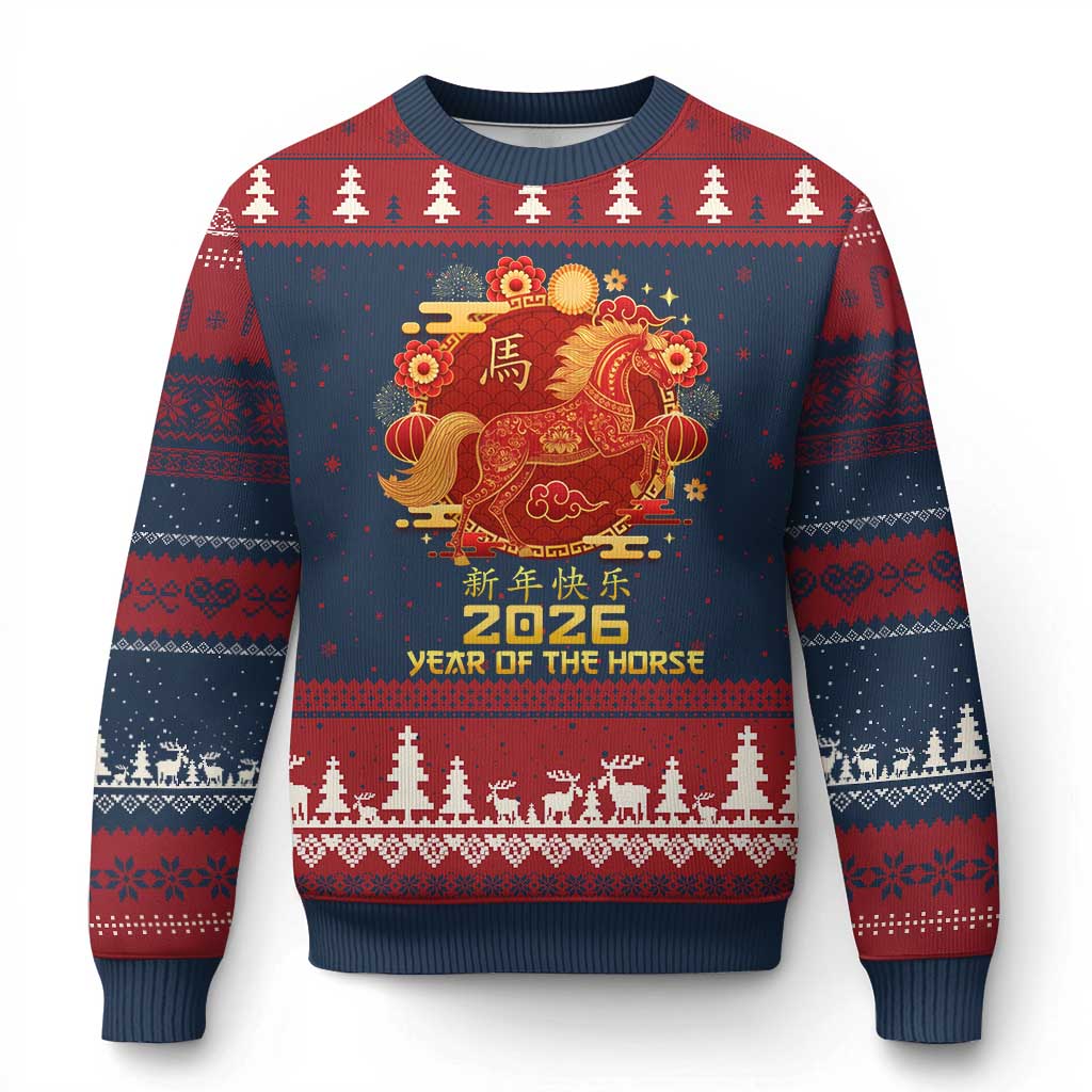 Chinese New Year 2026 Ugly Christmas Sweater Year of The Horse TS10 Navy Red Print Your Wear