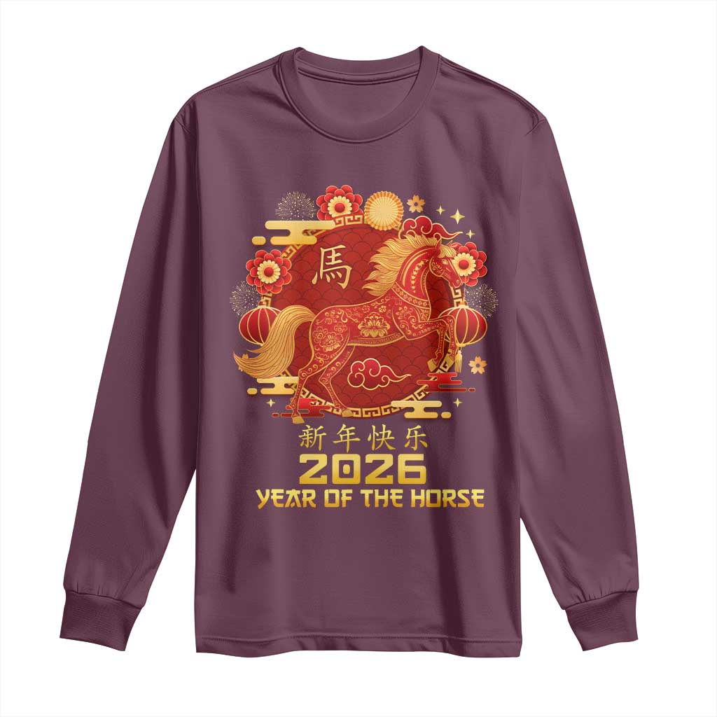 Chinese New Year 2026 Long Sleeve Shirt Year of The Horse TS10 Maroon Print Your Wear