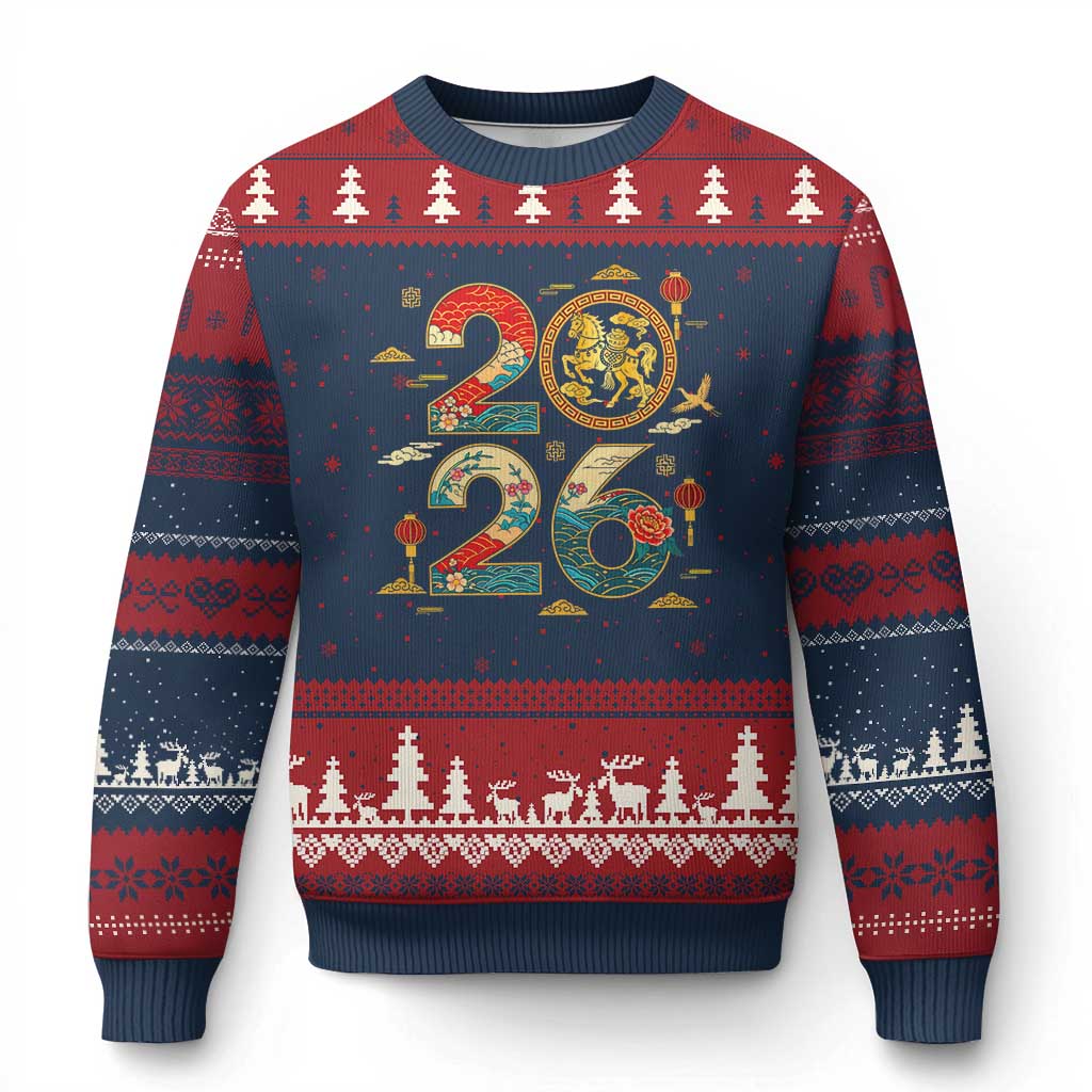 Hello 2026 Lunar New Year Ugly Christmas Sweater Year of the Horse Chinese Zodiac TS10 Navy Red Print Your Wear