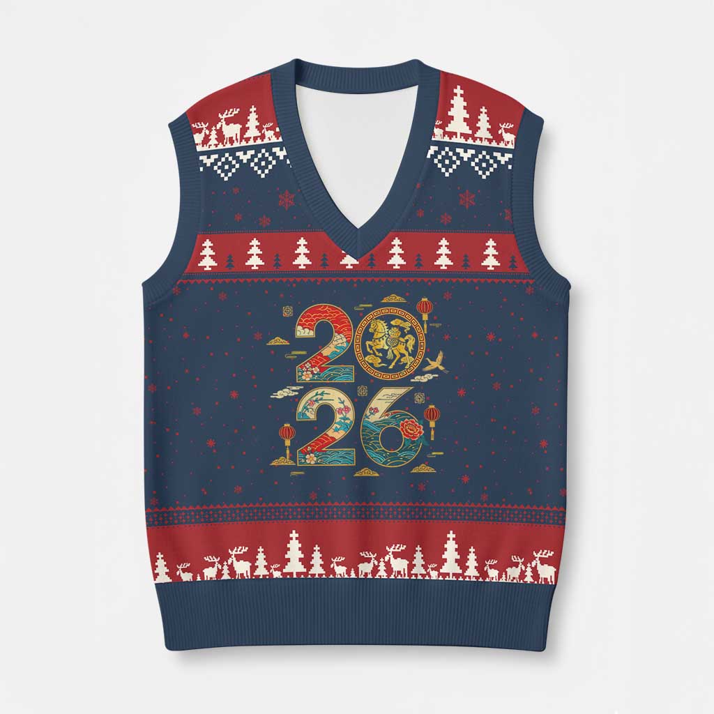 Hello 2026 Lunar New Year V-Neck Knit Sweater Vest Year of the Horse Chinese Zodiac TS10 Navy Red Print Your Wear