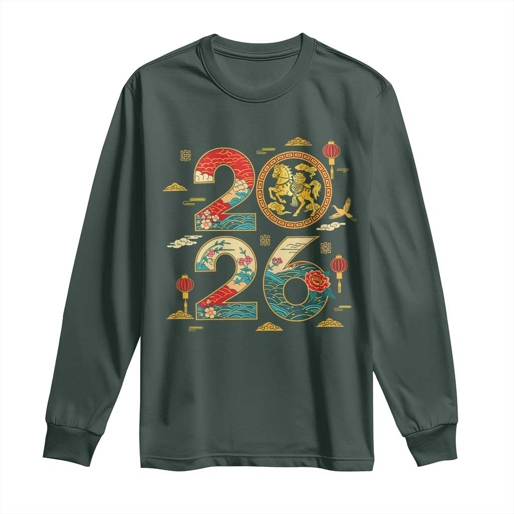Hello 2026 Lunar New Year Long Sleeve Shirt Year of the Horse Chinese Zodiac TS10 Dark Forest Green Print Your Wear