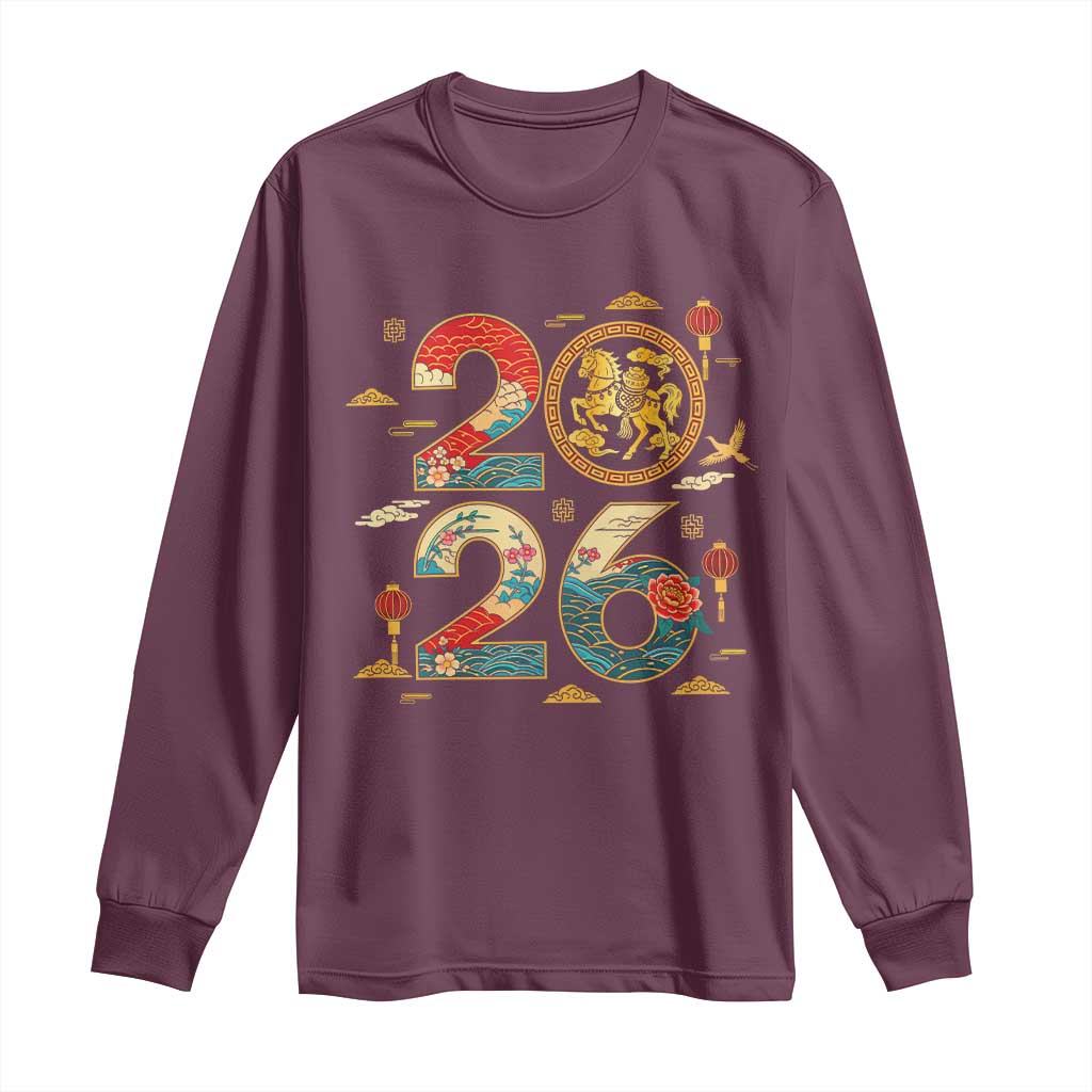 Hello 2026 Lunar New Year Long Sleeve Shirt Year of the Horse Chinese Zodiac TS10 Maroon Print Your Wear