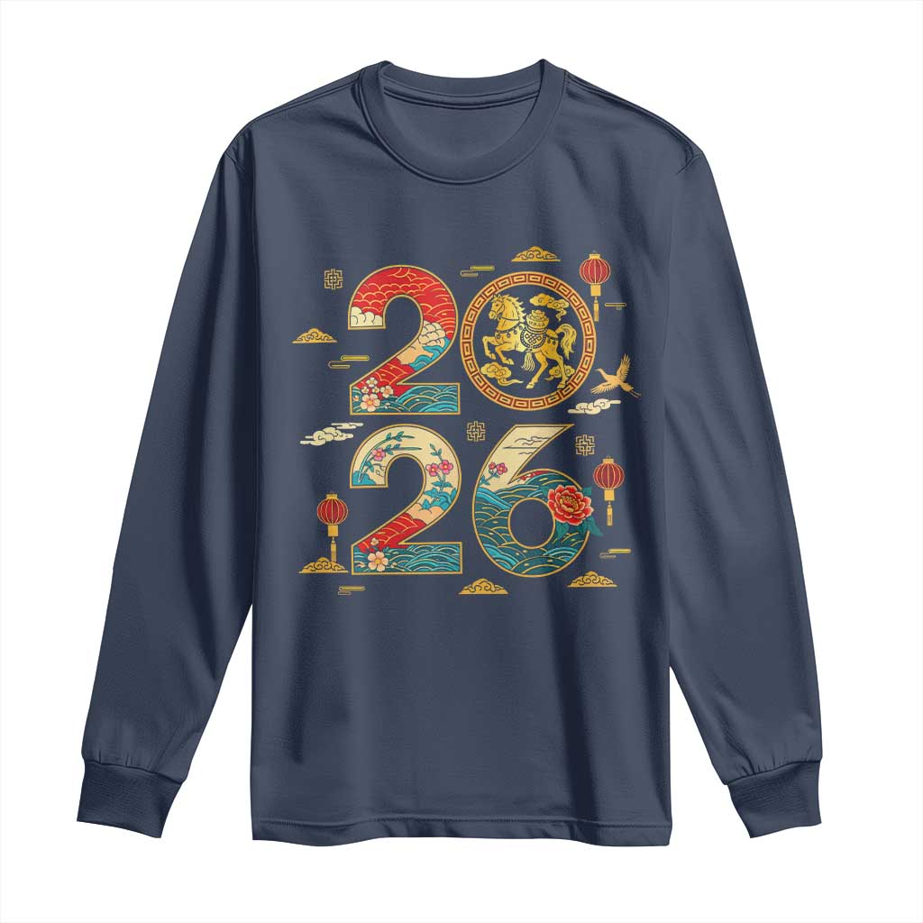 Hello 2026 Lunar New Year Long Sleeve Shirt Year of the Horse Chinese Zodiac TS10 Navy Print Your Wear