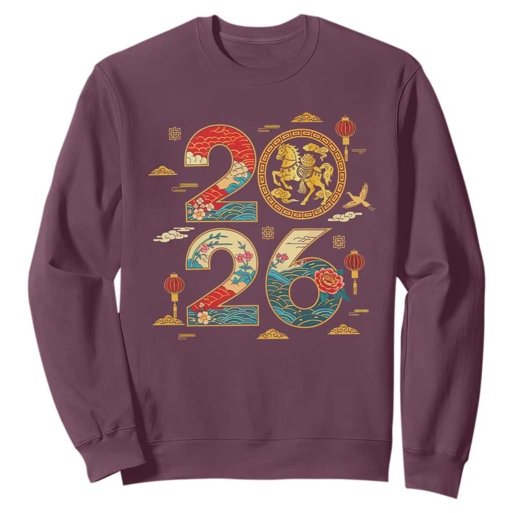 Hello 2026 Lunar New Year Sweatshirt Year of the Horse Chinese Zodiac TS10 Maroon Print Your Wear