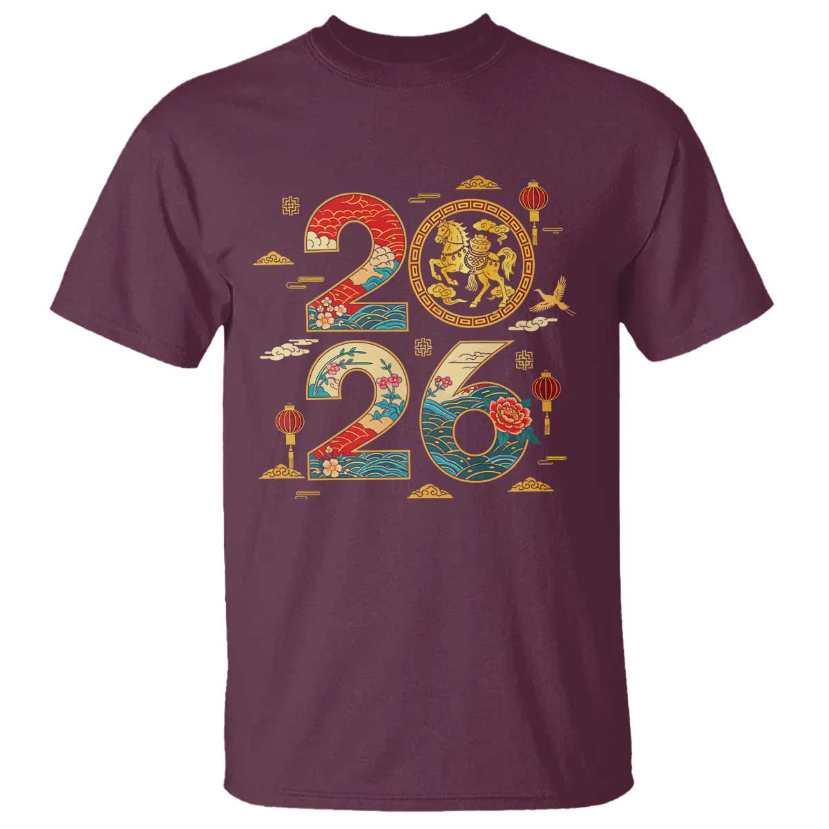 Hello 2026 Lunar New Year T Shirt Year of the Horse Chinese Zodiac TS10 Maroon Print Your Wear