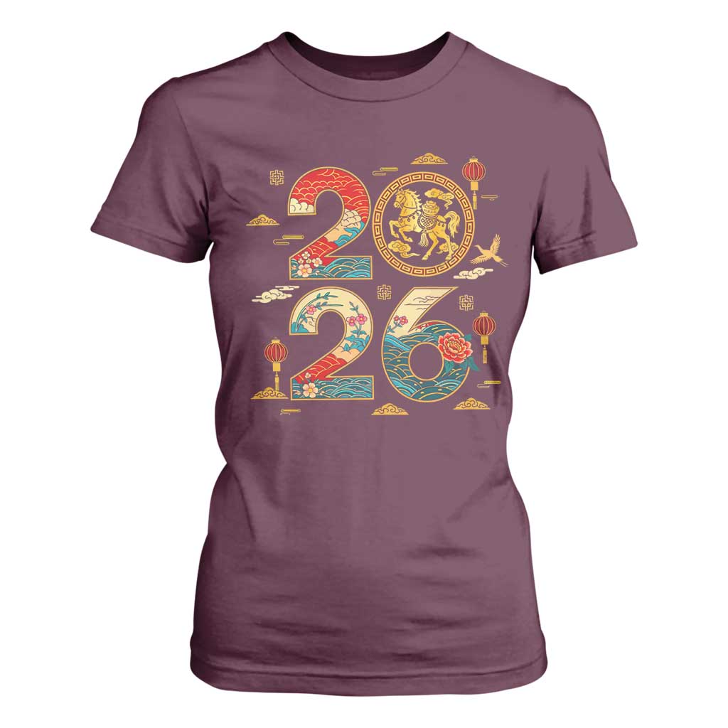 Hello 2026 Lunar New Year T Shirt For Women Year of the Horse Chinese Zodiac TS10 Maroon Print Your Wear