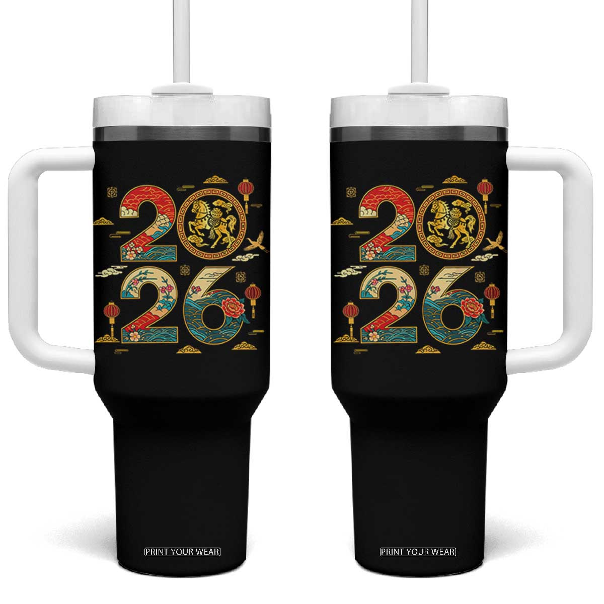Hello 2026 Lunar New Year Tumbler With Handle Year of the Horse Chinese Zodiac TS10 One Size: 40 oz Black Print Your Wear