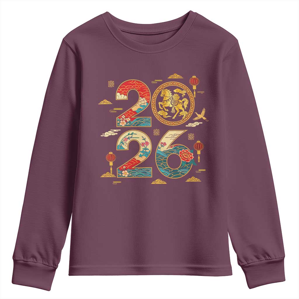 Hello 2026 Lunar New Year Youth Sweatshirt Year of the Horse Chinese Zodiac TS10 Maroon Print Your Wear