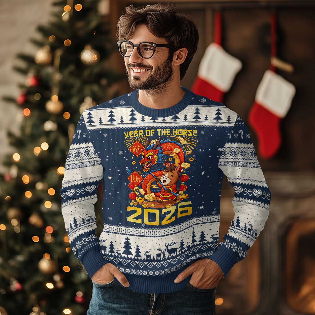 Chinese New Year 2026 Ugly Christmas Sweater LYE Year of The Horse TS10 Navy Beige Print Your Wear